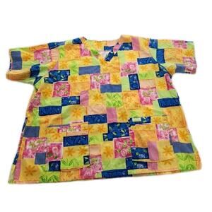 Landau Bright Patchwork Floral Flowers Nurse Vet Tech Dental Scrub VNeck Top XL